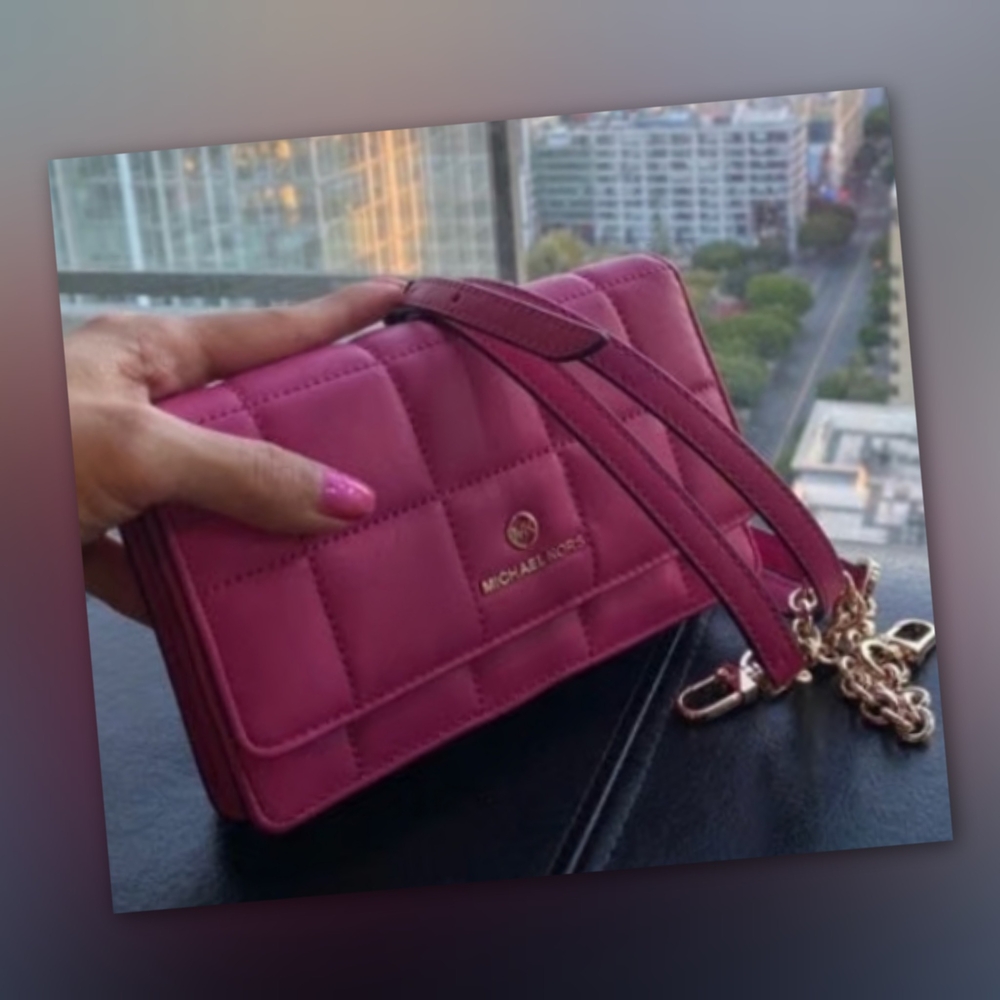 Michael Kors Pink Quilted Clutch with Gold Accents